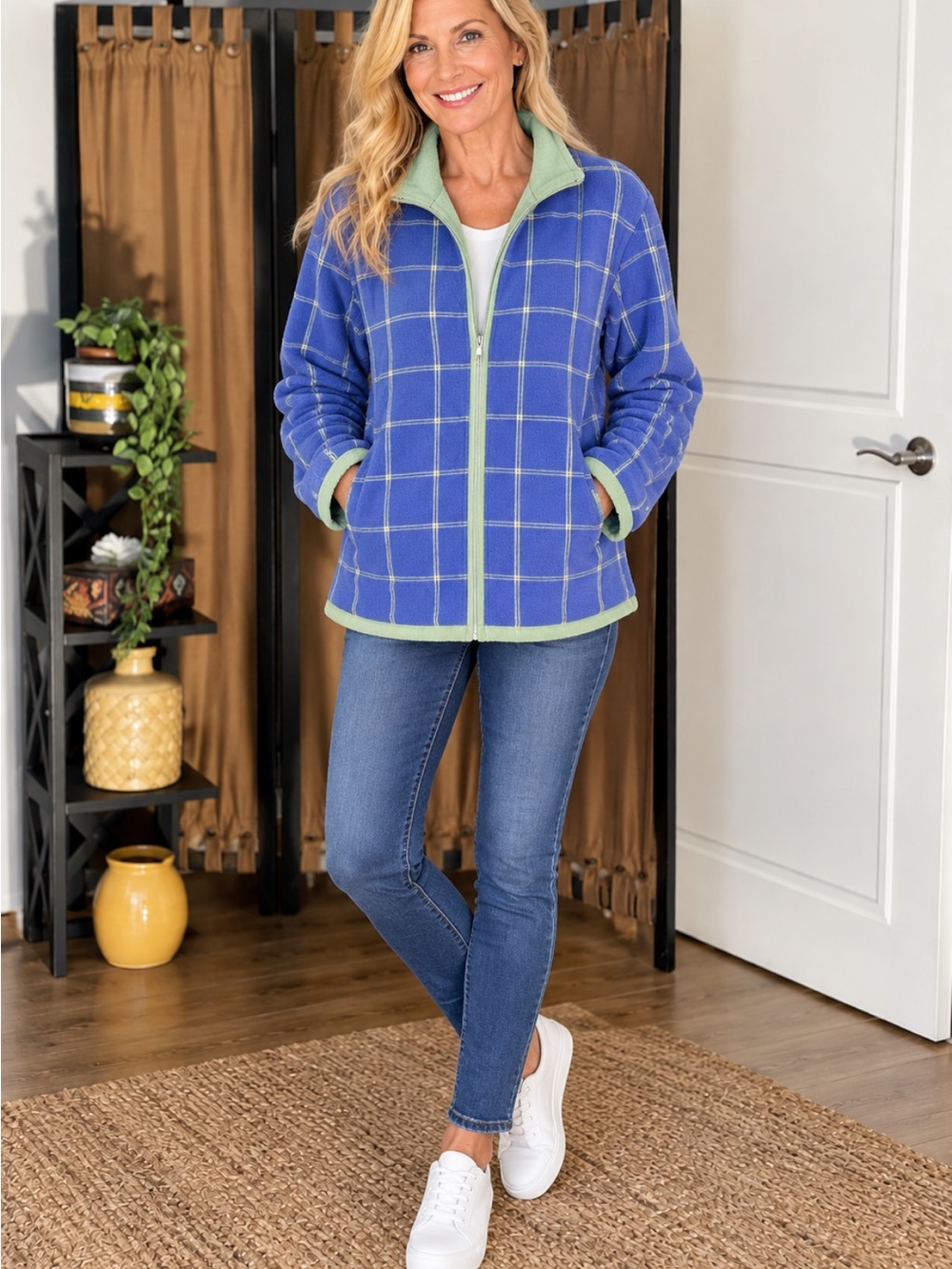 Blue Checkered Zip Up Fleece with Green Accents